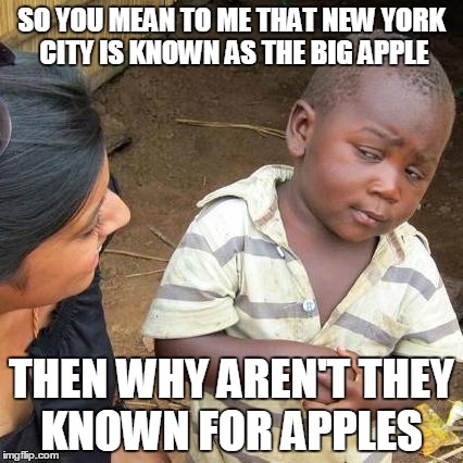 Third World Skeptical Kid | SO YOU MEAN TO ME THAT NEW YORK CITY IS KNOWN AS THE BIG APPLE; THEN WHY AREN'T THEY KNOWN FOR APPLES | image tagged in memes,third world skeptical kid | made w/ Imgflip meme maker