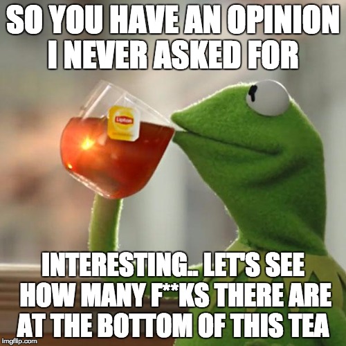 But That's None Of My Business | SO YOU HAVE AN OPINION I NEVER ASKED FOR; INTERESTING.. LET'S SEE HOW MANY F**KS THERE ARE AT THE BOTTOM OF THIS TEA | image tagged in memes,but thats none of my business,kermit the frog | made w/ Imgflip meme maker