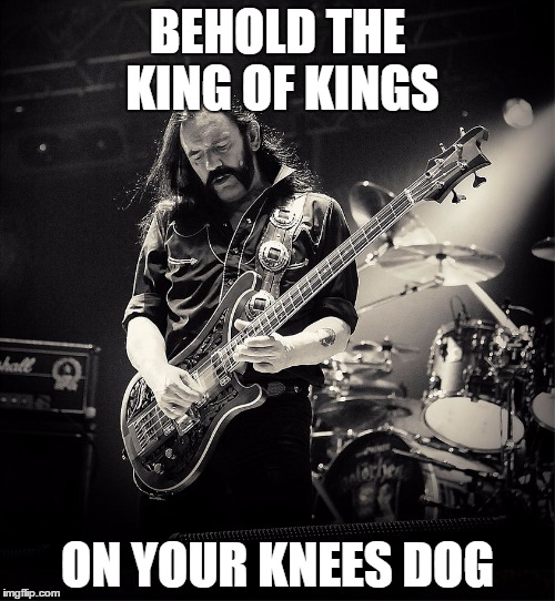 lemmy | BEHOLD THE KING OF KINGS; ON YOUR KNEES DOG | image tagged in lemmy | made w/ Imgflip meme maker