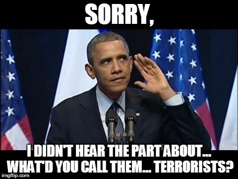 Obama No Listen | SORRY, I DIDN'T HEAR THE PART ABOUT... WHAT'D YOU CALL THEM... TERRORISTS? | image tagged in memes,obama no listen | made w/ Imgflip meme maker