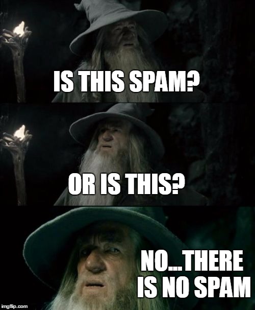 Confused Gandalf Meme | IS THIS SPAM? OR IS THIS? NO...THERE IS NO SPAM | image tagged in memes,confused gandalf | made w/ Imgflip meme maker