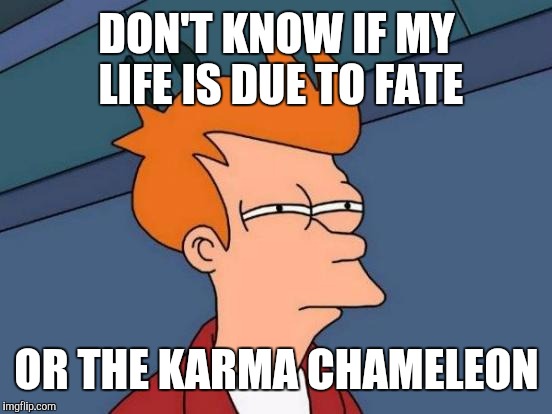 Futurama Fry Meme | DON'T KNOW IF MY LIFE IS DUE TO FATE OR THE KARMA CHAMELEON | image tagged in memes,futurama fry | made w/ Imgflip meme maker