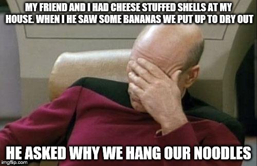 Hanging Noodle | MY FRIEND AND I HAD CHEESE STUFFED SHELLS AT MY HOUSE. WHEN I HE SAW SOME BANANAS WE PUT UP TO DRY OUT; HE ASKED WHY WE HANG OUR NOODLES | image tagged in memes,captain picard facepalm | made w/ Imgflip meme maker