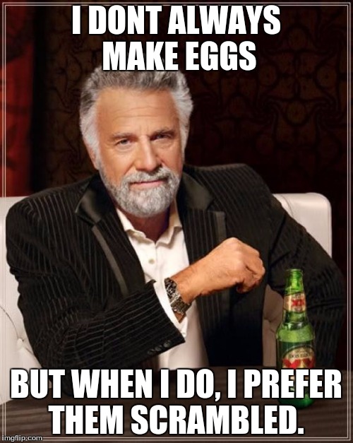 The Most Interesting Man In The World Meme | I DONT ALWAYS MAKE EGGS BUT WHEN I DO, I PREFER THEM SCRAMBLED. | image tagged in memes,the most interesting man in the world | made w/ Imgflip meme maker