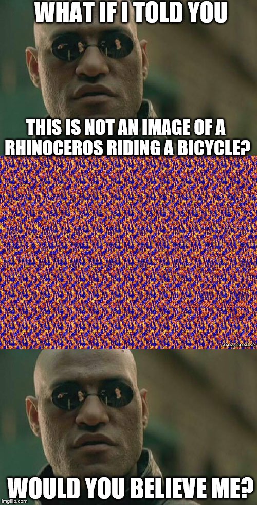 Bro, do you even Magic Eye? | WHAT IF I TOLD YOU; THIS IS NOT AN IMAGE OF A RHINOCEROS RIDING A BICYCLE? WOULD YOU BELIEVE ME? | image tagged in memes,magic,meme | made w/ Imgflip meme maker