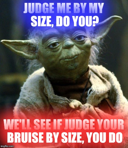 Star Wars Yoda | JUDGE ME BY MY SIZE, DO YOU? WE'LL SEE IF JUDGE YOUR BRUISE BY SIZE, YOU DO | image tagged in memes,star wars yoda | made w/ Imgflip meme maker