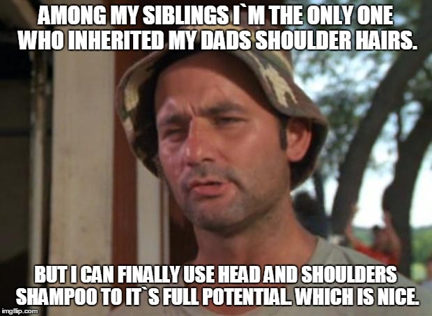 So I Got That Goin For Me Which Is Nice | AMONG MY SIBLINGS I`M THE ONLY ONE WHO INHERITED MY DADS SHOULDER HAIRS. BUT I CAN FINALLY USE HEAD AND SHOULDERS SHAMPOO TO IT`S FULL POTENTIAL. WHICH IS NICE. | image tagged in memes,so i got that goin for me which is nice | made w/ Imgflip meme maker