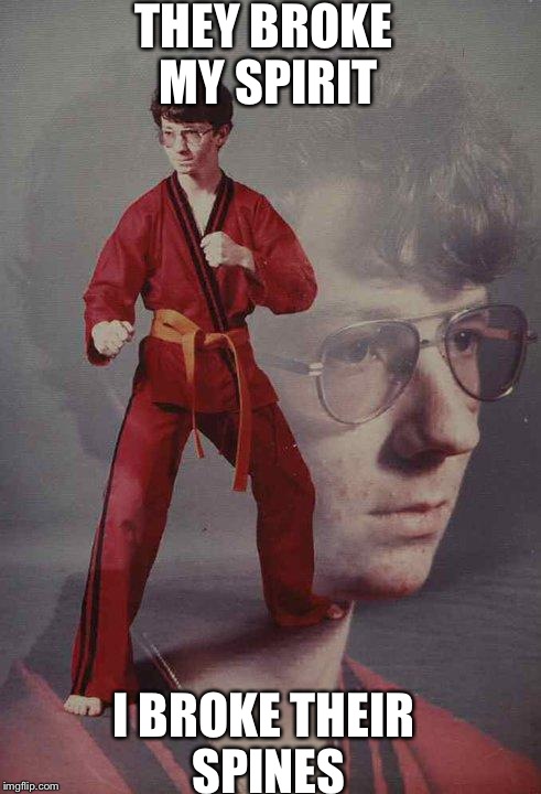 Karate Kyle | THEY BROKE MY SPIRIT; I BROKE THEIR SPINES | image tagged in memes,karate kyle | made w/ Imgflip meme maker