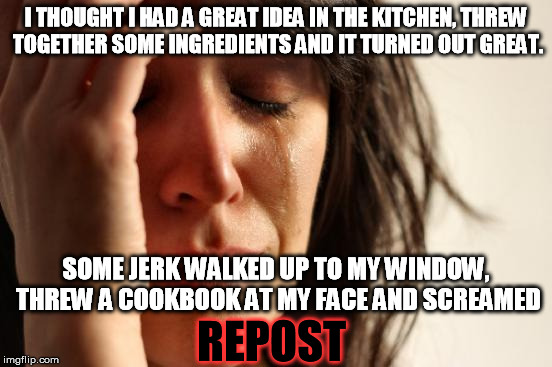 It's pretty stupid when you think about it | I THOUGHT I HAD A GREAT IDEA IN THE KITCHEN, THREW TOGETHER SOME INGREDIENTS AND IT TURNED OUT GREAT. SOME JERK WALKED UP TO MY WINDOW, THREW A COOKBOOK AT MY FACE AND SCREAMED; REPOST | image tagged in memes,first world problems,funny,repost,cooking,asshole | made w/ Imgflip meme maker