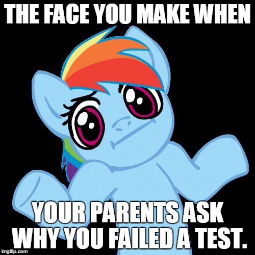 Pony Shrugs | THE FACE YOU MAKE WHEN; YOUR PARENTS ASK WHY YOU FAILED A TEST. | image tagged in memes,pony shrugs,the face you make when | made w/ Imgflip meme maker