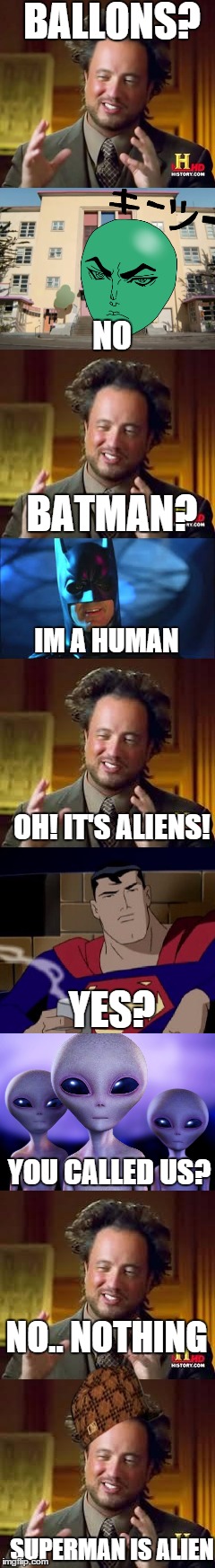 What was the word..? | BALLONS? NO; BATMAN? IM A HUMAN; OH! IT'S ALIENS! YES? YOU CALLED US? NO.. NOTHING; SUPERMAN IS ALIEN | image tagged in ancient aliens guy,funny memes,memes,funny,superman,aliens | made w/ Imgflip meme maker