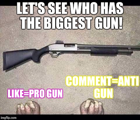 LET'S SEE WHO HAS THE BIGGEST GUN! LIKE=PRO GUN; COMMENT=ANTI GUN | image tagged in like,comments,gross,toe,guns,memes | made w/ Imgflip meme maker