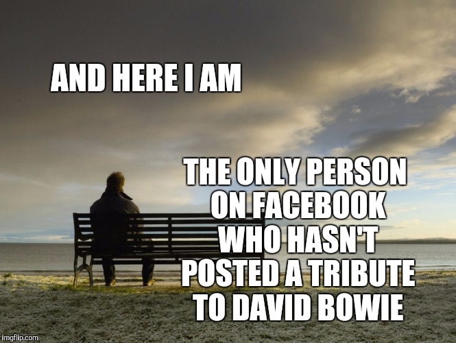 Alone | THE ONLY PERSON ON FACEBOOK WHO HASN'T POSTED A TRIBUTE TO DAVID BOWIE; AND HERE I AM | image tagged in alone | made w/ Imgflip meme maker