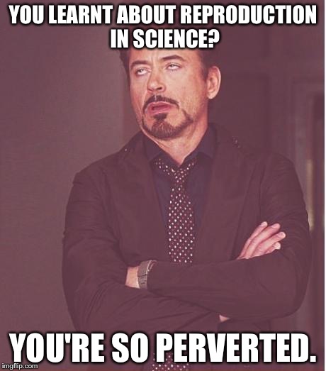 Face You Make Robert Downey Jr Meme | YOU LEARNT ABOUT REPRODUCTION IN SCIENCE? YOU'RE SO PERVERTED. | image tagged in memes,face you make robert downey jr | made w/ Imgflip meme maker