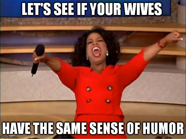 Oprah You Get A Meme | LET'S SEE IF YOUR WIVES HAVE THE SAME SENSE OF HUMOR | image tagged in memes,oprah you get a | made w/ Imgflip meme maker