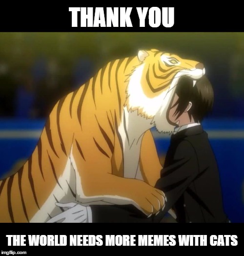 Black Butler Book of Circus Tiger | THANK YOU THE WORLD NEEDS MORE MEMES WITH CATS | image tagged in black butler book of circus tiger | made w/ Imgflip meme maker