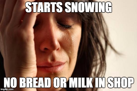 First World Problems Meme | STARTS SNOWING; NO BREAD OR MILK IN SHOP | image tagged in memes,first world problems | made w/ Imgflip meme maker