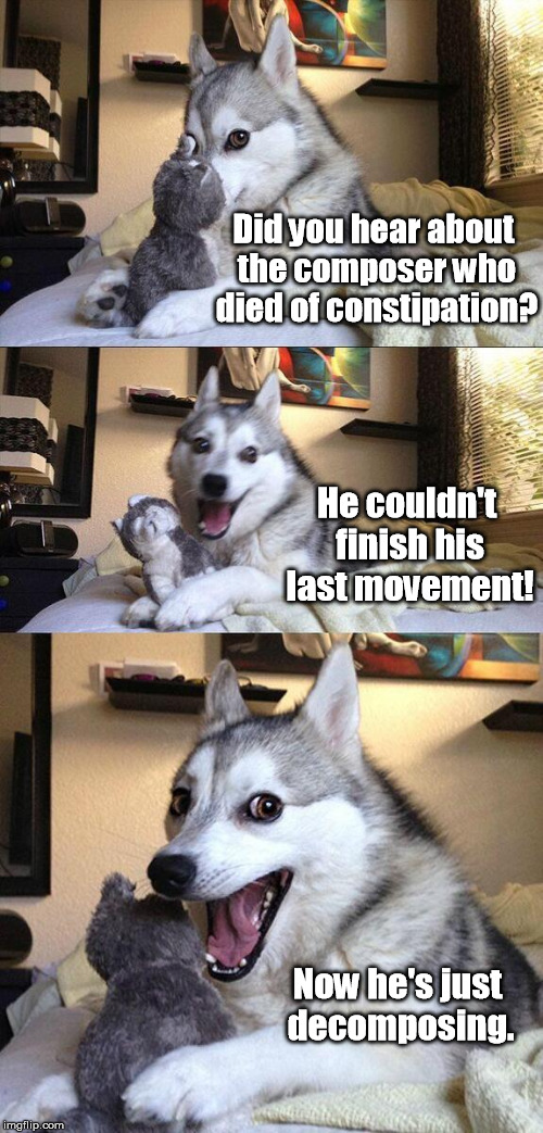 One Final Note... | Did you hear about the composer who died of constipation? He couldn't finish his last movement! Now he's just decomposing. | image tagged in memes,bad pun dog,music,poop,constipated,death | made w/ Imgflip meme maker