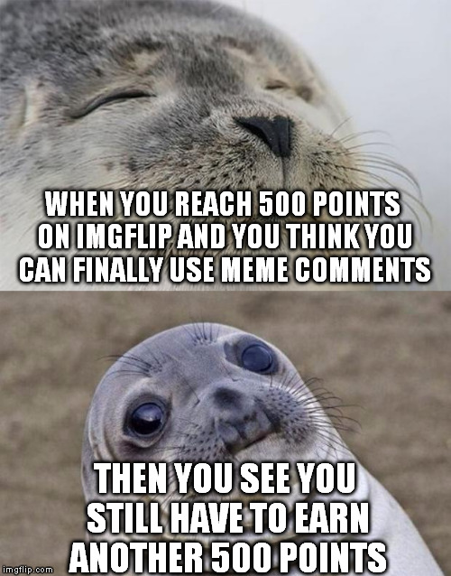 Just happened today :( | WHEN YOU REACH 500 POINTS ON IMGFLIP AND YOU THINK YOU CAN FINALLY USE MEME COMMENTS; THEN YOU SEE YOU STILL HAVE TO EARN ANOTHER 500 POINTS | image tagged in memes,short satisfaction vs truth,disappointment,imgflip | made w/ Imgflip meme maker