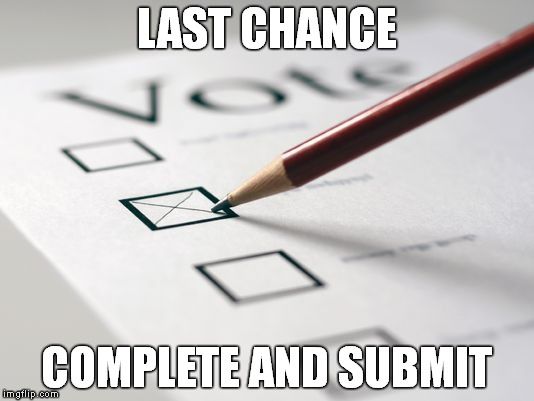 Voting Ballot | LAST CHANCE; COMPLETE AND SUBMIT | image tagged in voting ballot | made w/ Imgflip meme maker