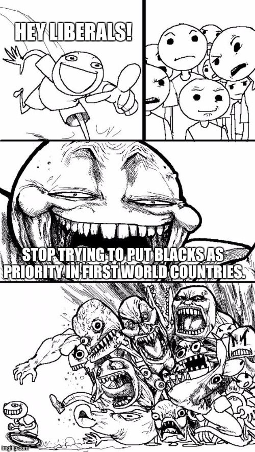 Hey Internet | HEY LIBERALS! STOP TRYING TO PUT BLACKS AS PRIORITY IN FIRST WORLD COUNTRIES. | image tagged in memes,hey internet,funny,funny memes,liberals,black people | made w/ Imgflip meme maker