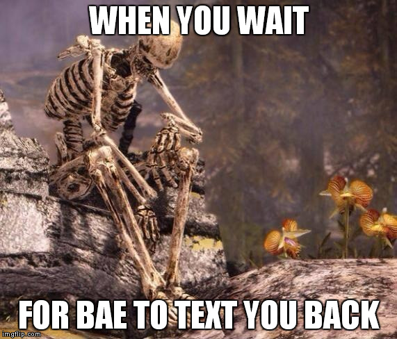 sp00k is tired | WHEN YOU WAIT; FOR BAE TO TEXT YOU BACK | image tagged in sp00k is tired | made w/ Imgflip meme maker