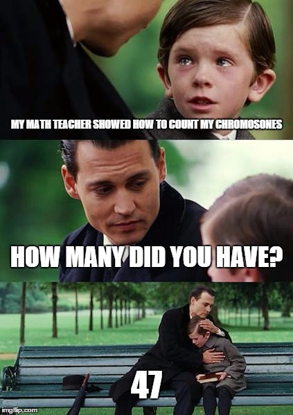 Finding Neverland Meme | MY MATH TEACHER SHOWED HOW TO COUNT MY CHROMOSONES; HOW MANY DID YOU HAVE? 47 | image tagged in memes,finding neverland | made w/ Imgflip meme maker