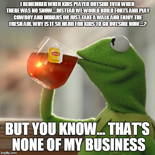 But That's None Of My Business | I REMEMBER WHEN KIDS PLAYED OUTSIDE EVEN WHEN THERE WAS NO SNOW....INSTEAD WE WOULD BUILD FORTS AND PLAY COWBOY AND INDIANS OR JUST TAKE A WALK AND ENJOY THE FRESH AIR. WHY IS IT SO HARD FOR KIDS TO GO OUTSIDE NOW....? BUT YOU KNOW... THAT'S NONE OF MY BUSINESS | image tagged in memes,but thats none of my business,kermit the frog | made w/ Imgflip meme maker