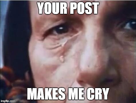 Crying indian | YOUR POST; MAKES ME CRY | image tagged in crying indian | made w/ Imgflip meme maker