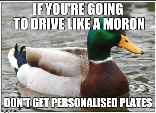 Actual Advice Mallard | IF YOU'RE GOING TO DRIVE LIKE A MORON; DON'T GET PERSONALISED PLATES | image tagged in memes,actual advice mallard,AdviceAnimals | made w/ Imgflip meme maker