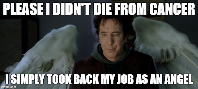 Alan's not really dead | PLEASE I DIDN'T DIE FROM CANCER; I SIMPLY TOOK BACK MY JOB AS AN ANGEL | image tagged in alan rickman,angel | made w/ Imgflip meme maker