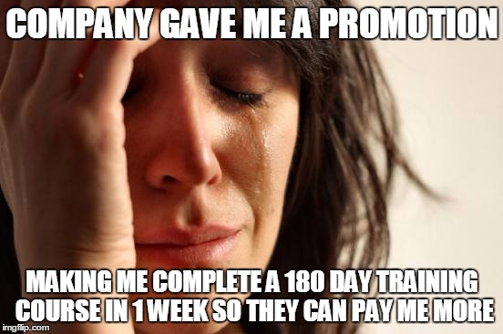 First World Problems | COMPANY GAVE ME A PROMOTION; MAKING ME COMPLETE A 180 DAY TRAINING COURSE IN 1 WEEK SO THEY CAN PAY ME MORE | image tagged in memes,first world problems | made w/ Imgflip meme maker