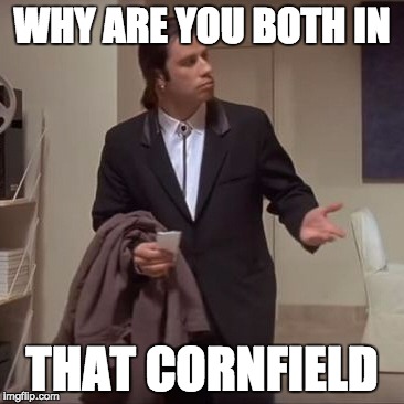 Confused Travolta | WHY ARE YOU BOTH IN; THAT CORNFIELD | image tagged in confused travolta,AdviceAnimals | made w/ Imgflip meme maker