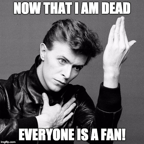 RIP Ziggy Stardust | NOW THAT I AM DEAD; EVERYONE IS A FAN! | image tagged in david bowie,ziggy stardust,memes | made w/ Imgflip meme maker