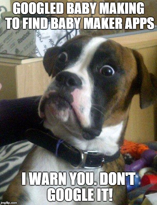 Blankie the Shocked Dog | GOOGLED BABY MAKING TO FIND BABY MAKER APPS; I WARN YOU. DON'T GOOGLE IT! | image tagged in blankie the shocked dog | made w/ Imgflip meme maker