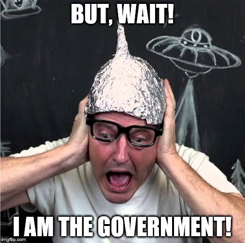 Tin Foil Hatter | BUT, WAIT! I AM THE GOVERNMENT! | image tagged in tin foil hatter | made w/ Imgflip meme maker