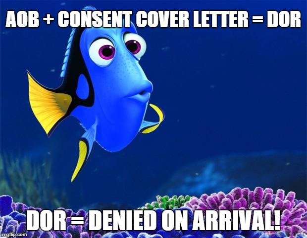 Dory DOR | AOB + CONSENT COVER LETTER = DOR; DOR = DENIED ON ARRIVAL! | image tagged in dory | made w/ Imgflip meme maker