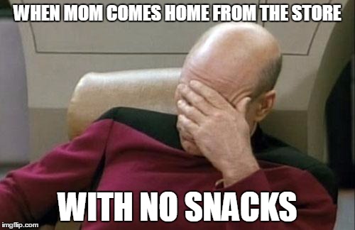 Captain Picard Facepalm | WHEN MOM COMES HOME FROM THE STORE; WITH NO SNACKS | image tagged in memes,captain picard facepalm | made w/ Imgflip meme maker