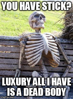 Waiting Skeleton Meme | YOU HAVE STICK? LUXURY ALL I HAVE IS A DEAD BODY | image tagged in memes,waiting skeleton | made w/ Imgflip meme maker