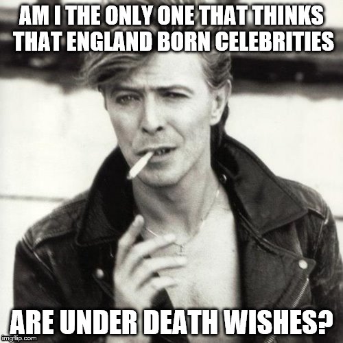 David Bowie | AM I THE ONLY ONE THAT THINKS THAT ENGLAND BORN CELEBRITIES; ARE UNDER DEATH WISHES? | image tagged in david bowie | made w/ Imgflip meme maker