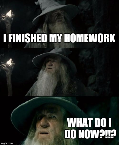 I have no idea what to do with my life now | I FINISHED MY HOMEWORK; WHAT DO I DO NOW?!!? | image tagged in memes,confused gandalf,school,high school | made w/ Imgflip meme maker
