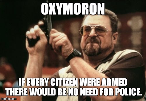 Am I The Only One Around Here | OXYMORON; IF EVERY CITIZEN WERE ARMED THERE WOULD BE NO NEED FOR POLICE. | image tagged in memes,am i the only one around here | made w/ Imgflip meme maker