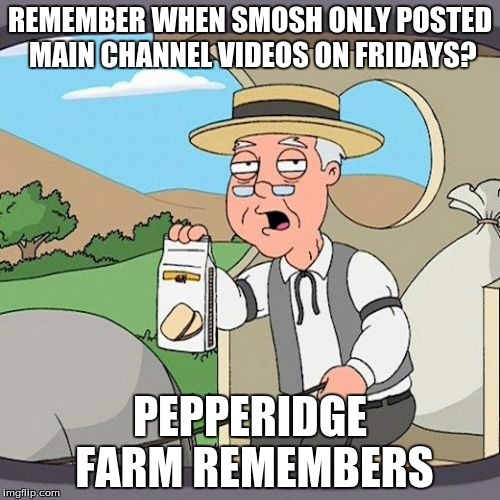 Every Smosh Ever | REMEMBER WHEN SMOSH ONLY POSTED MAIN CHANNEL VIDEOS ON FRIDAYS? PEPPERIDGE FARM REMEMBERS | image tagged in memes,pepperidge farm remembers,smosh,friday,ian hecox,anthony padilla | made w/ Imgflip meme maker