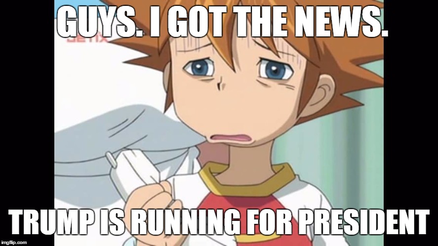 GUYS. I GOT THE NEWS. TRUMP IS RUNNING FOR PRESIDENT | image tagged in chris is displeased - sonic x | made w/ Imgflip meme maker