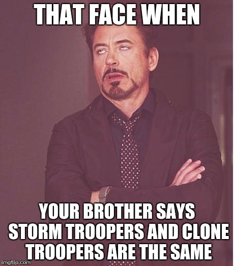Face You Make Robert Downey Jr | THAT FACE WHEN; YOUR BROTHER SAYS STORM TROOPERS AND CLONE TROOPERS ARE THE SAME | image tagged in memes,face you make robert downey jr | made w/ Imgflip meme maker