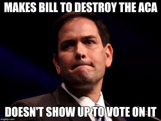 Just a joke (In case others take it too seriously) | MAKES BILL TO DESTROY THE ACA; DOESN'T SHOW UP TO VOTE ON IT | image tagged in marco rubio | made w/ Imgflip meme maker
