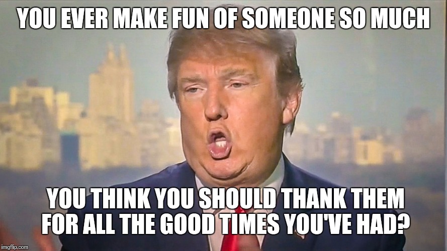 YOU EVER MAKE FUN OF SOMEONE SO MUCH; YOU THINK YOU SHOULD THANK THEM FOR ALL THE GOOD TIMES YOU'VE HAD? | image tagged in donald trump | made w/ Imgflip meme maker