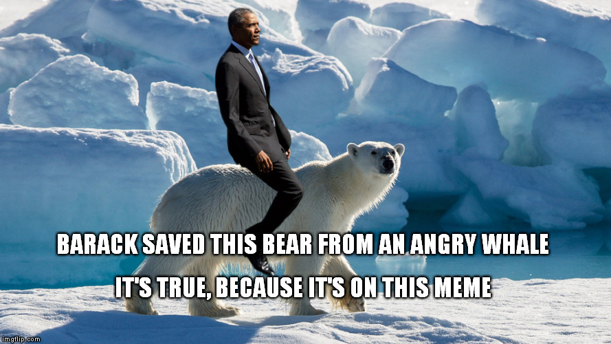 Obama | BARACK SAVED THIS BEAR FROM AN ANGRY WHALE; IT'S TRUE, BECAUSE IT'S ON THIS MEME | image tagged in no i cant obama | made w/ Imgflip meme maker