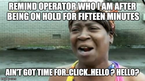 Ain't Nobody Got Time For That | REMIND OPERATOR WHO I AM AFTER BEING ON HOLD FOR FIFTEEN MINUTES; AIN'T GOT TIME FOR..CLICK..HELLO ? HELLO? | image tagged in memes,aint nobody got time for that | made w/ Imgflip meme maker