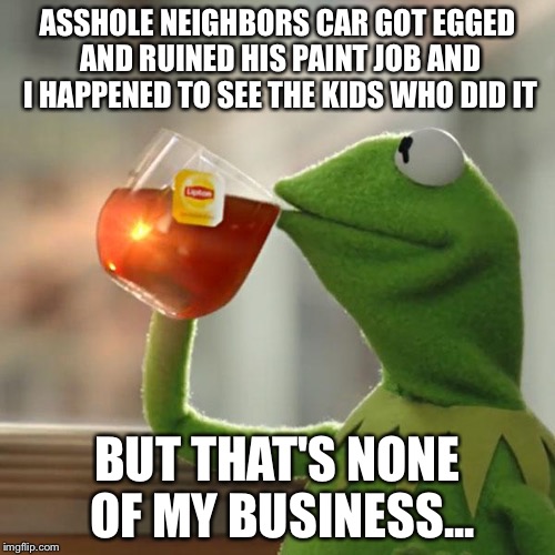 But That's None Of My Business | ASSHOLE NEIGHBORS CAR GOT EGGED AND RUINED HIS PAINT JOB AND I HAPPENED TO SEE THE KIDS WHO DID IT; BUT THAT'S NONE OF MY BUSINESS... | image tagged in memes,but thats none of my business,kermit the frog,AdviceAnimals | made w/ Imgflip meme maker